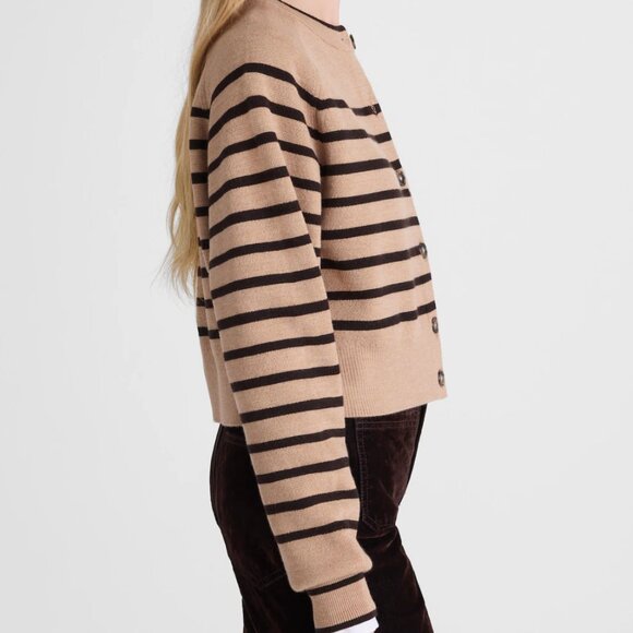 Madewell Raglan-Sleeve Cropped Cardigan in Merino Wool Hthr Camel Stripe Large - Picture 2 of 4